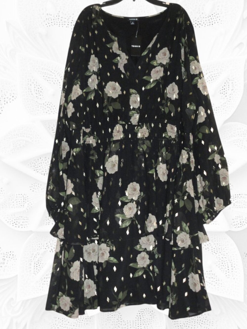 Torrid Size 3 Floral Layered Black and Gold Midi Dress 3X - NWT